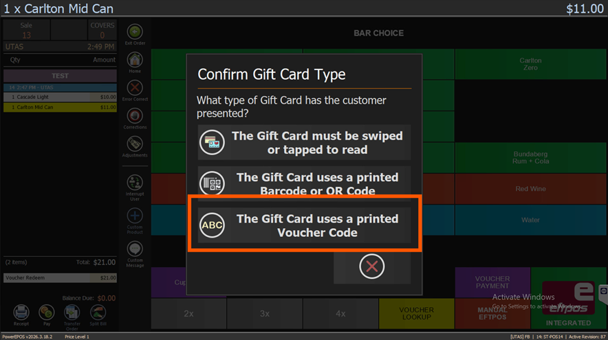 The list of gift card types, with Printed Voucher Code among them