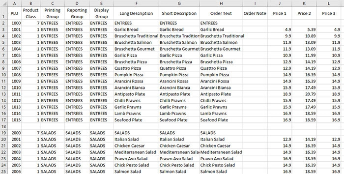 A product list open in a spreadsheet, ready to be saved as a CSV file