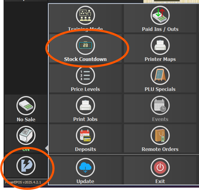 The PowerEPOS menu open on the POS, with the Stock Countdown tile circled and the PowerEPOS button circled at the bottom left