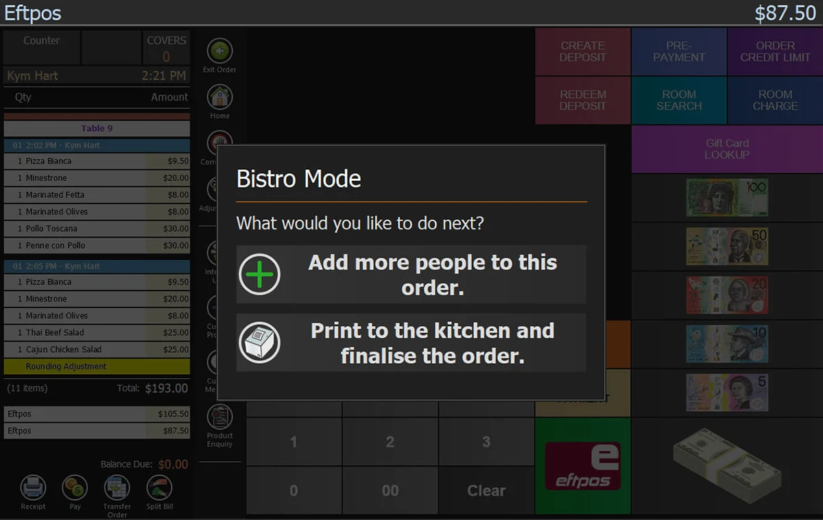 The option to print to the kitchen and finalise the order