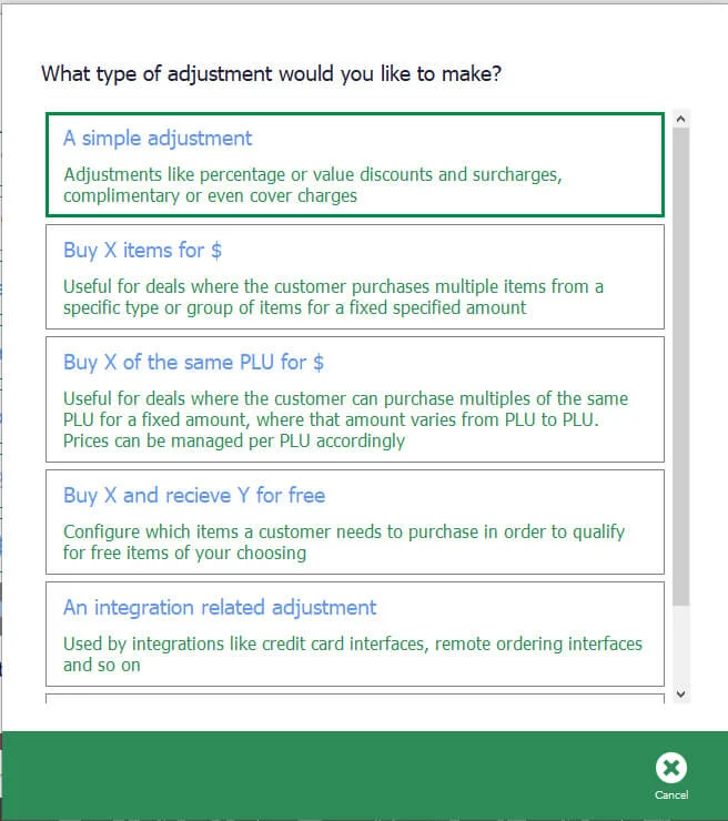 The adjustment type list with Simple Adjustment selected