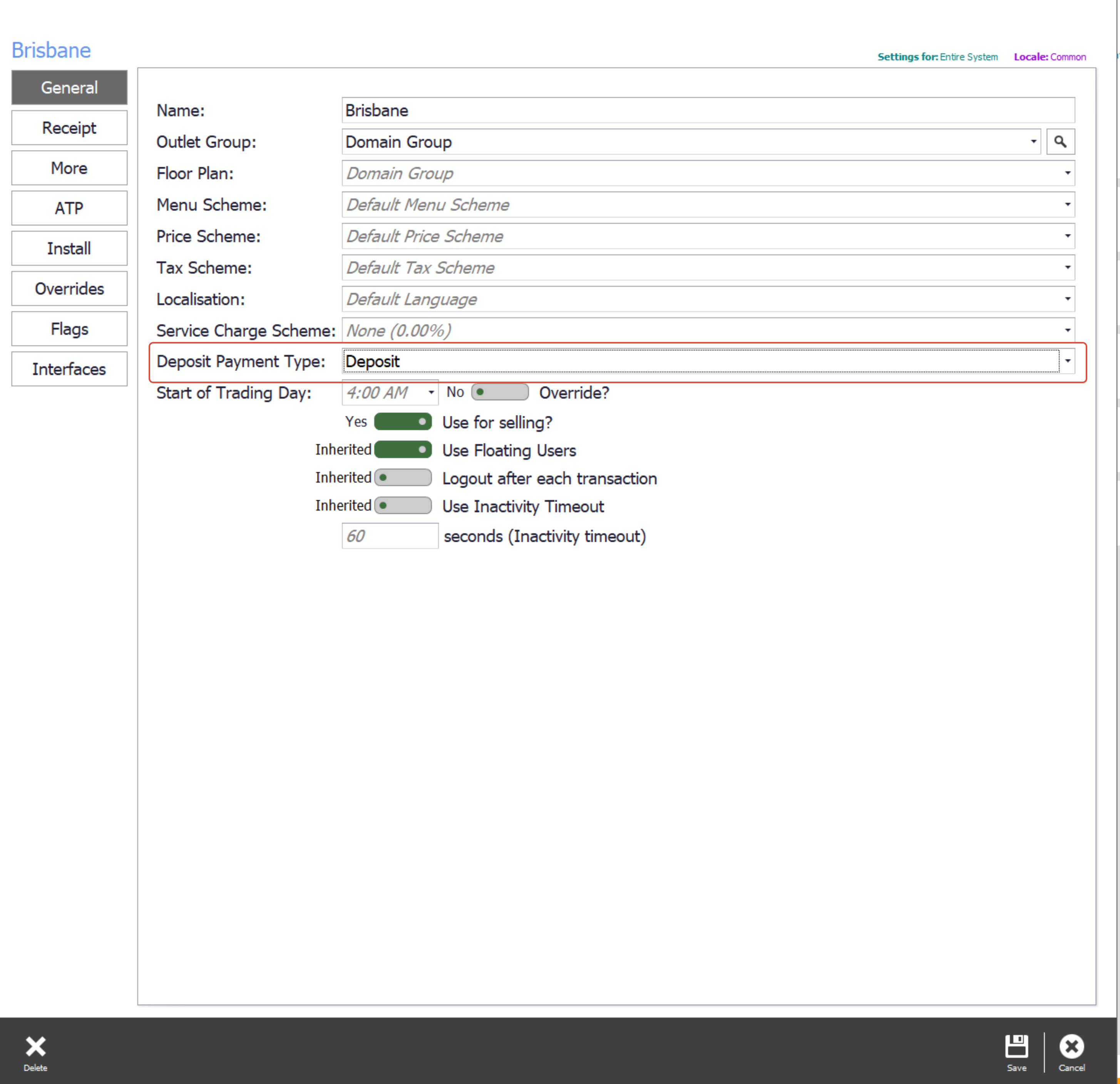 The outlet settings with the Deposit Payment Type field set