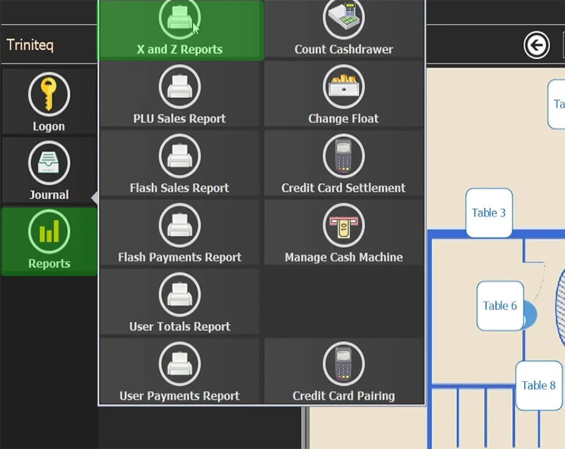The POS Reports menu with X and Z Reports selected
