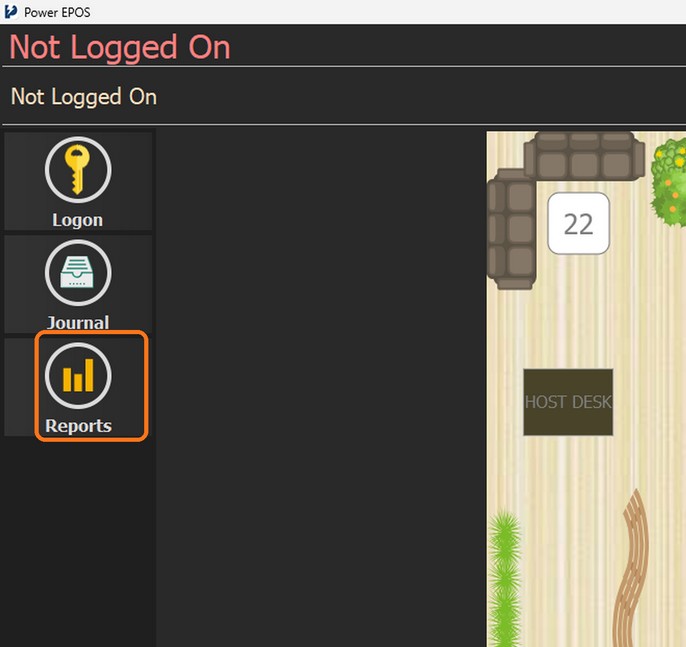 The PowerEPOS start screen with the Reports button highlighted in the left-hand menu, below Logon and Journal