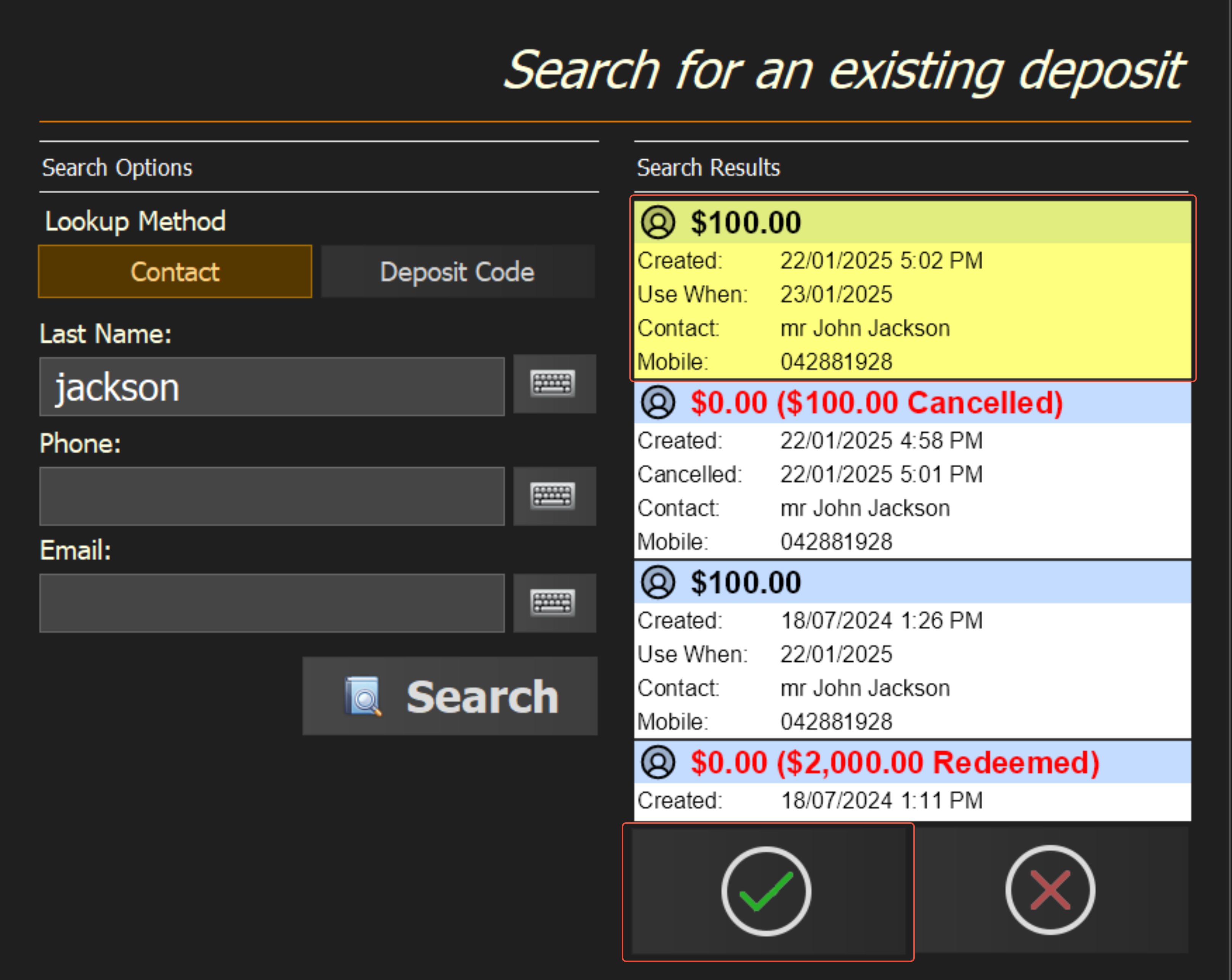 A deposit selected from the search results