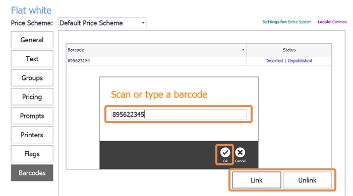 The barcode section of a PLU with the Link and Unlink options