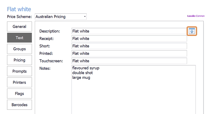 The PLU text settings with the arrow button that copies the name to every field