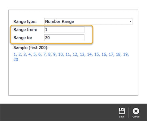 The number range entered as 1 to 20