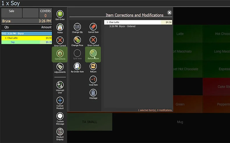 The order screen with an item selected and the Corrections menu open on Refund Item