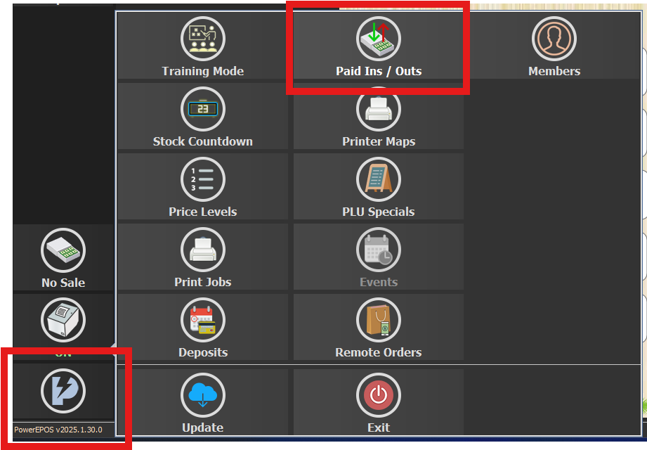 The PowerEPOS menu with Paid Ins/Outs