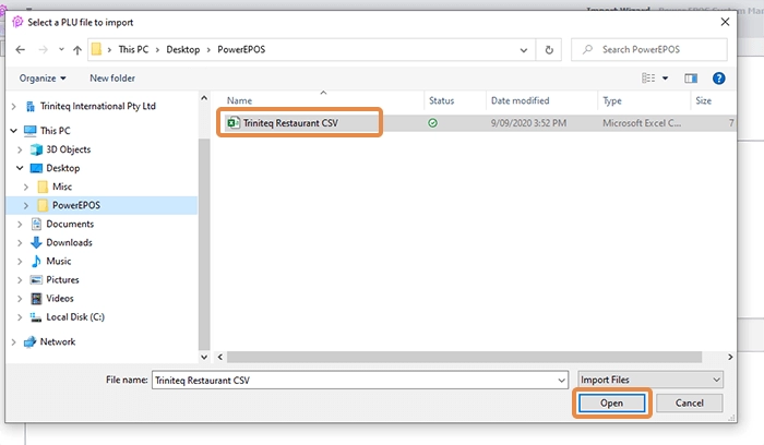 The file browser with the CSV file selected