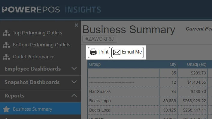 The print and email options on an Insights report