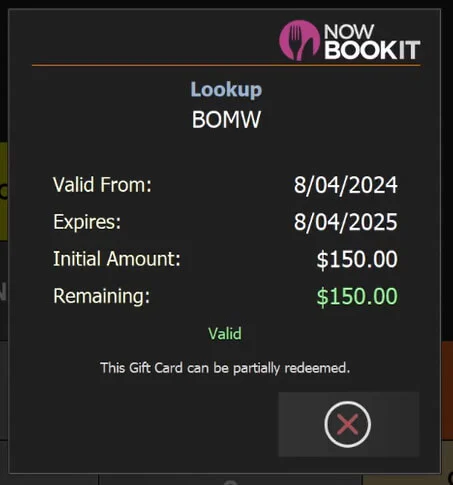 The gift card details on the POS showing validity dates and the remaining amount