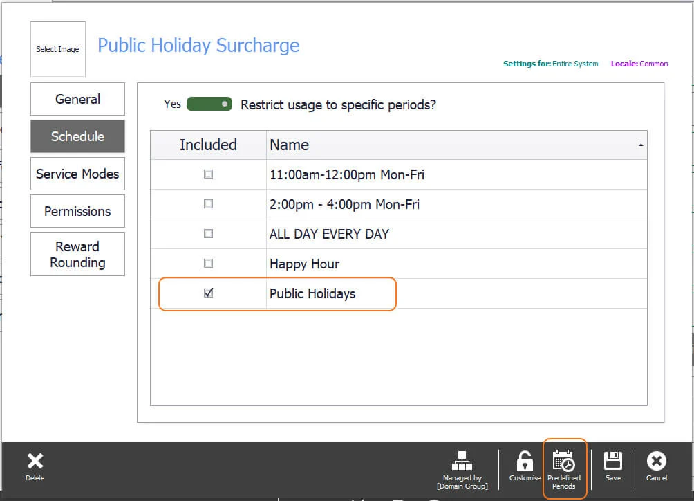 The Schedule page with Restrict usage to specific periods turned on and Public Holidays selected