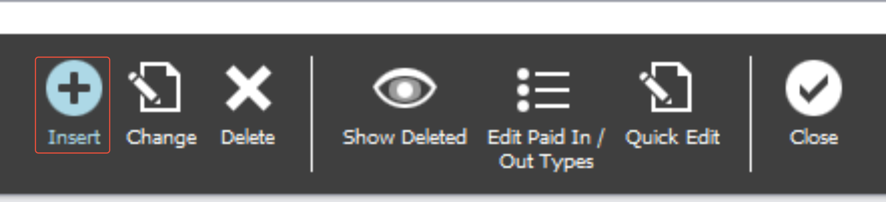 The Payment Types screen with Insert on the context bar