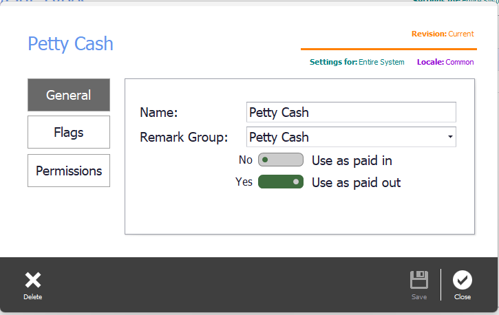 The Remark Group setting on a paid in/out type