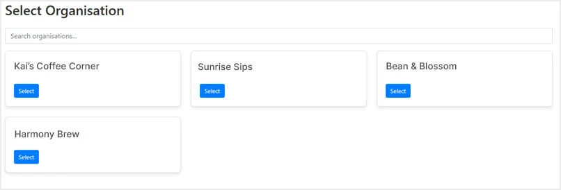 The organisation picker in Gift Card Manager