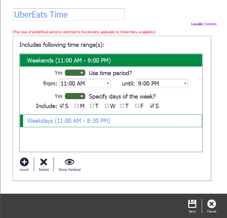 The timeframe named with its times and days set