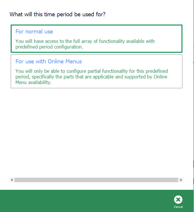 For use with Online Menus selected as the period type