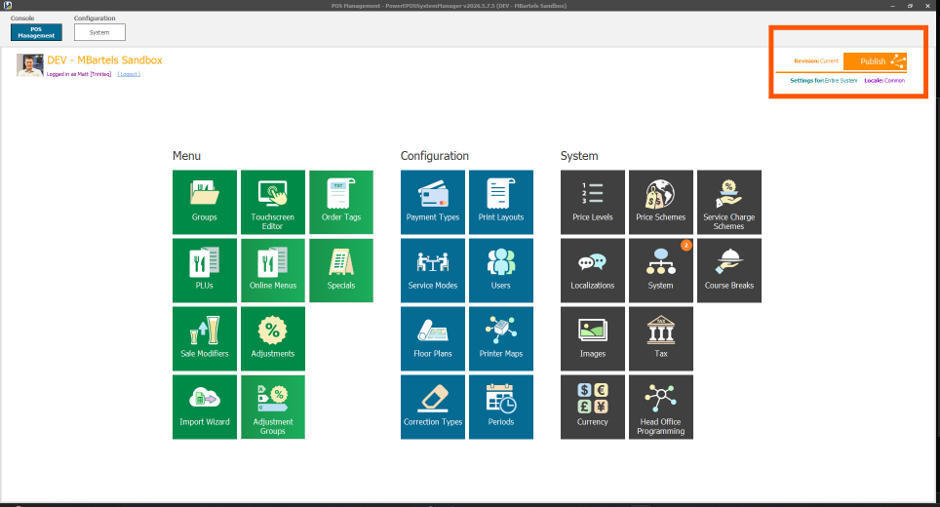 Publishing the configuration out to the POS