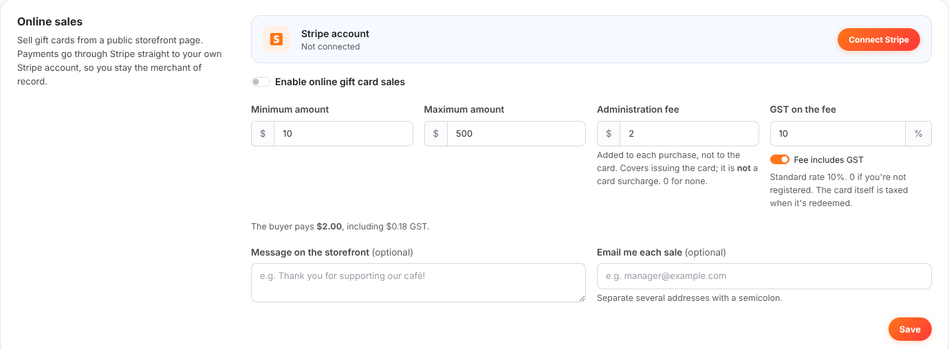 The Online sales box with the Stripe account panel, amounts, administration fee and GST fields