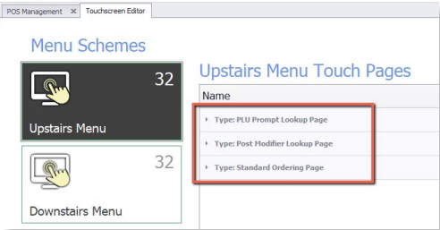 The three touch page types offered in the Touchscreen Editor
