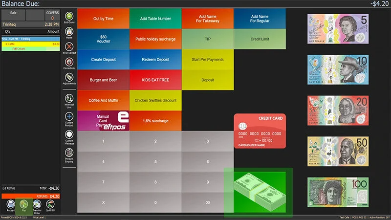 The payment screen with the Cash button