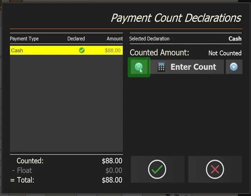 The Count Cashdrawer screen with the minus button used to reverse a declaration