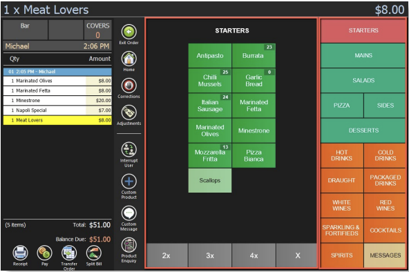 The standard ordering page layout, with category buttons on the right and PLUs in the centre