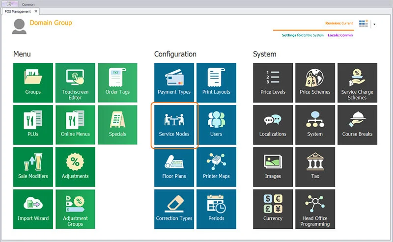 The POS Management screen with the Service Modes tile