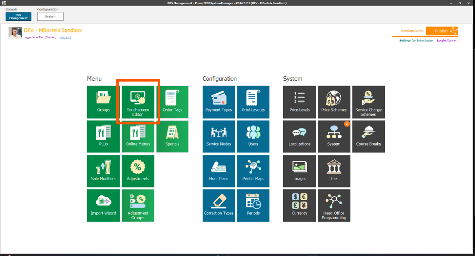 The Touchscreen Editor open in System Manager