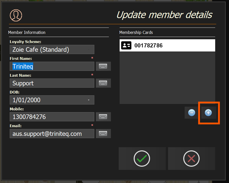 The Member Update screen with the plus button under Membership Cards