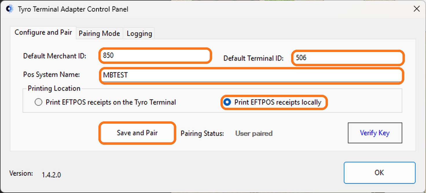 The Tyro Terminal Adapter Control Panel on the Configure and Pair tab, with the Merchant ID, Terminal ID, Pos System Name, Print EFTPOS receipts locally and Save and Pair button highlighted, and Pairing Status showing User paired