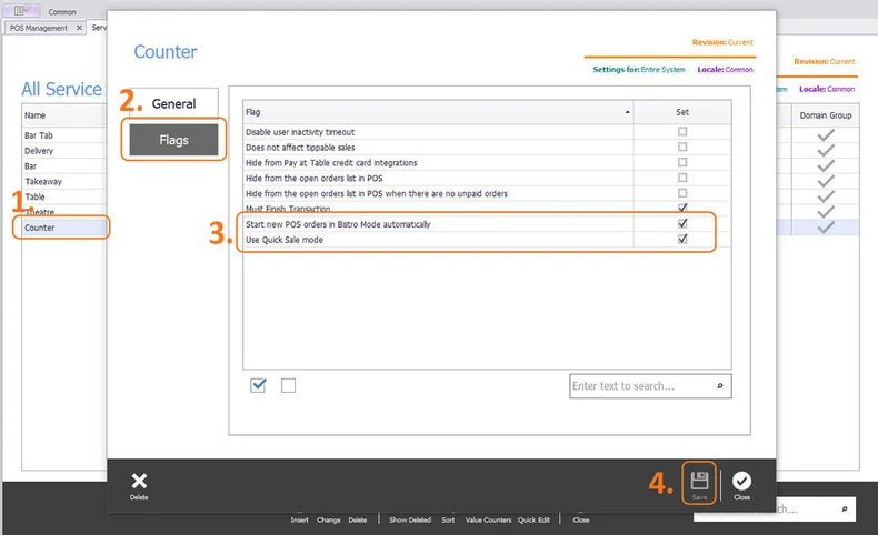 The Flags tab of the Counter service mode with both Bistro Mode settings ticked