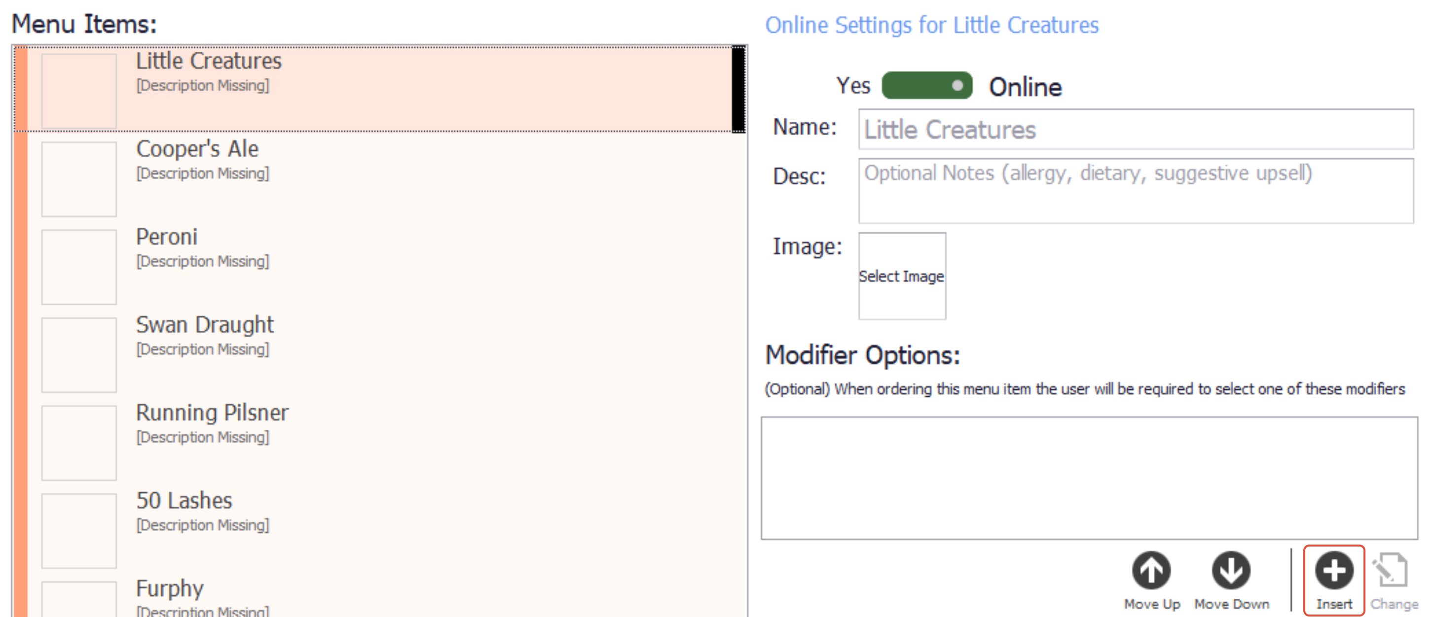 Insert under Modifier Options