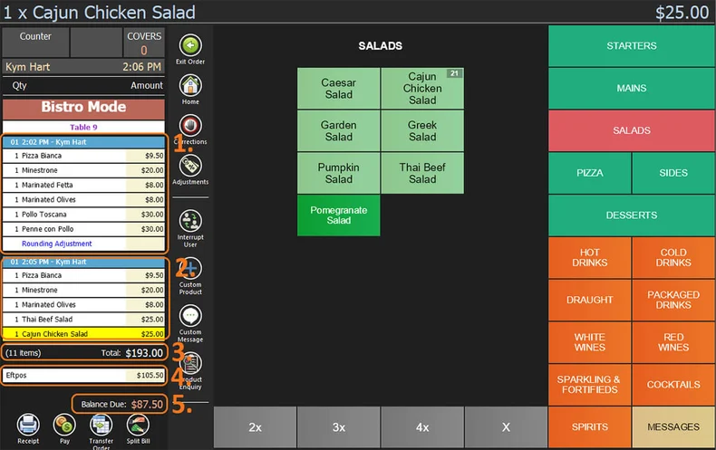The Bistro Mode screen showing two orders, the table total, the first payment and the balance due