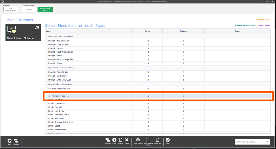 The payment page loaded in the Touchscreen Editor