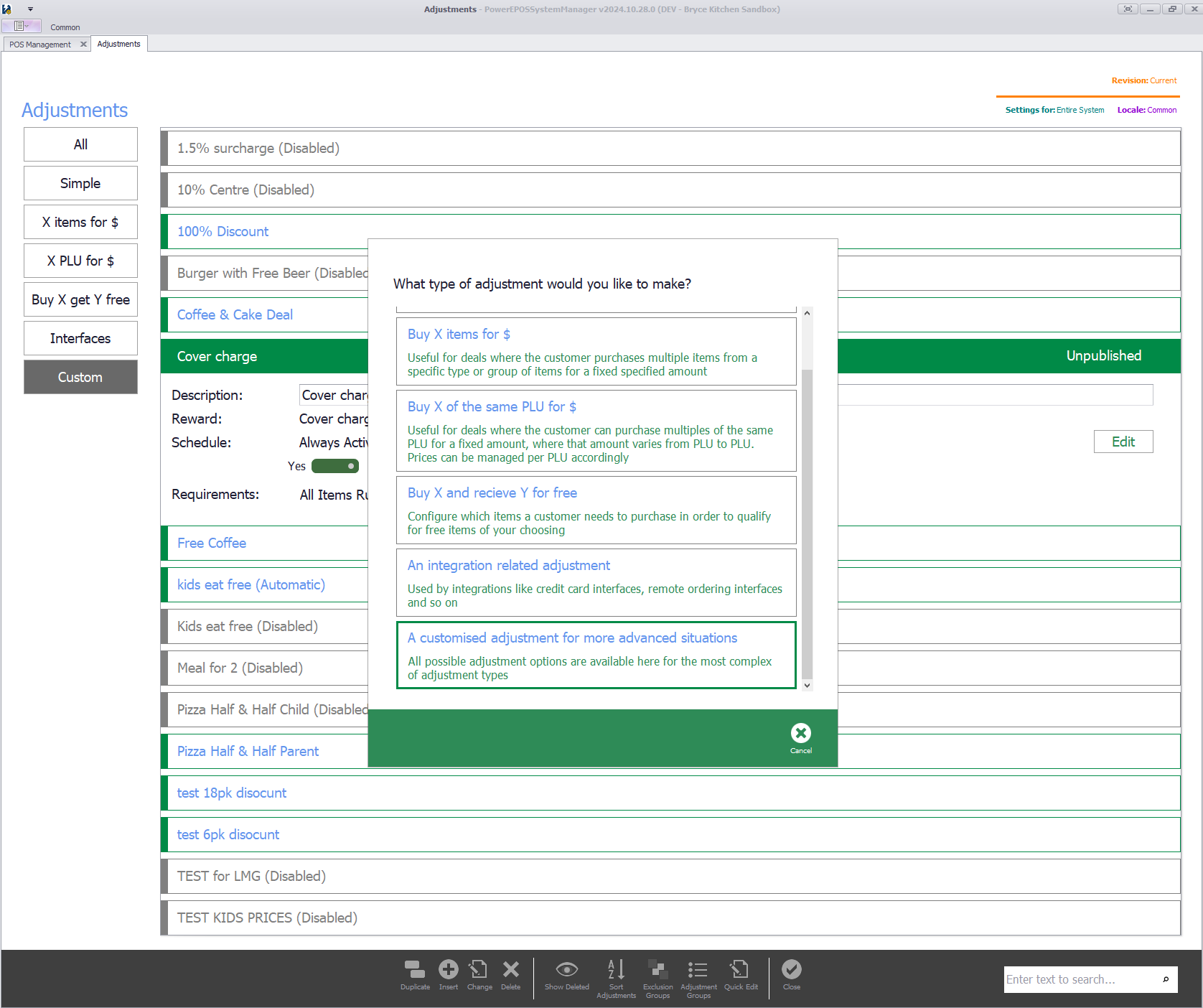 The adjustment types with the customised adjustment selected